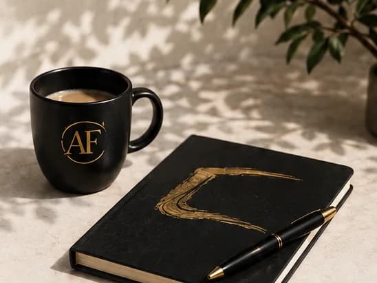 ArcheForge mug and gold-marked notebook with leaf shadows